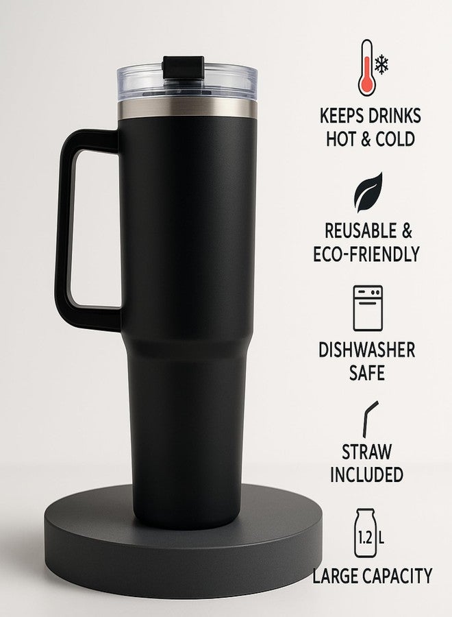VOCO 1200ML Stainless Steel Tumbler | Double Wall Insulated Cup with Handle Lid and Steel Straw | Large | Travel Mug for Hot and Cold Beverages Coffee Water Juice Gym Office Outdoor Use - Black - Image 5